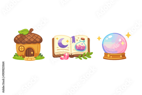 A collection of three magical icons featuring a whimsical acorn house, an open spellbook with a potion bottle and crystals, and a glowing crystal ball on a wooden stand against a black background.