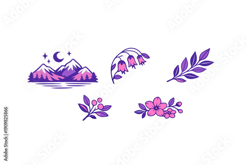 A collection of purple and pink nature illustrations featuring a mountain landscape under a crescent moon, bell flowers, leafy branches, berries, and floral blossoms on a black background.