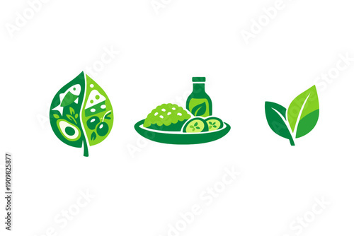 A set of three green vector icons depicting healthy eating concepts. One icon shows a leaf filled with food items, another a bowl of salad, and the third features two simple green leaves.