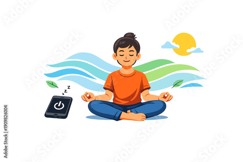 A cartoon illustration of a young man meditating in a lotus pose with his eyes closed. A smartphone with a power icon sits nearby, symbolizing a digital detox and mental wellness.
