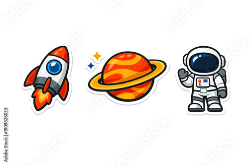 A set of three cartoon space stickers featuring a rocket ship launching, a ringed planet with stars, and a waving astronaut in a white suit, all set against a black background.