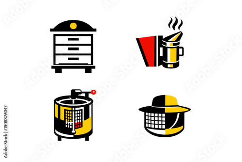 A set of four minimalist beekeeping icons featuring a bee smoker, a honey extractor, a protective veil hat, and hive equipment in a black, white, yellow, and red color palette.