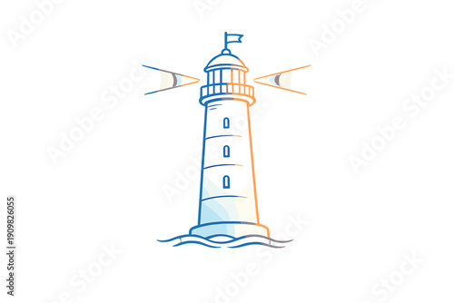 This graphic illustration features a lighthouse emitting beams of light from its lantern room, standing above stylized waves with a blue and orange gradient on a black background.