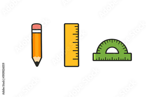 This flat illustration features a pencil, a yellow ruler, and a green protractor set against a black background. These items are common tools for school, drawing, and geometry.