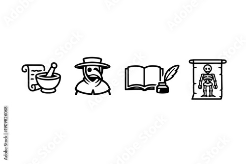 A minimalist black and white graphic showing a sequence of three walking human silhouettes followed by a fourth figure depicted as a white skeleton inside a dark frame.