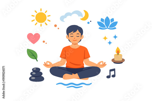 A flat illustration of a man sitting in a lotus pose meditating on a black background, surrounded by symbols like a sun, moon, heart, lotus, and candle representing mindfulness.