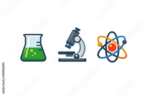 A set of three scientific icons featuring a glass beaker with green fluid, a laboratory microscope, and an atomic model with orbiting electrons, all set against a dark background.