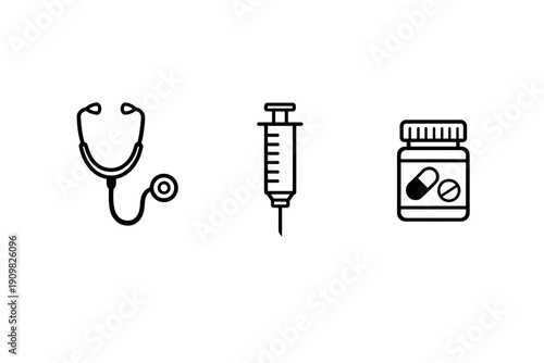 A minimalist set of three medical icons featuring a stethoscope, a syringe, and a medicine bottle with pills, presented in white line art against a solid black background.