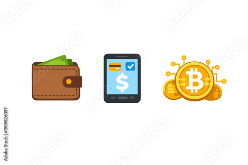 Three icons representing different payment methods including a brown leather wallet with cash, a mobile phone for digital transactions, and a golden bitcoin for cryptocurrency.