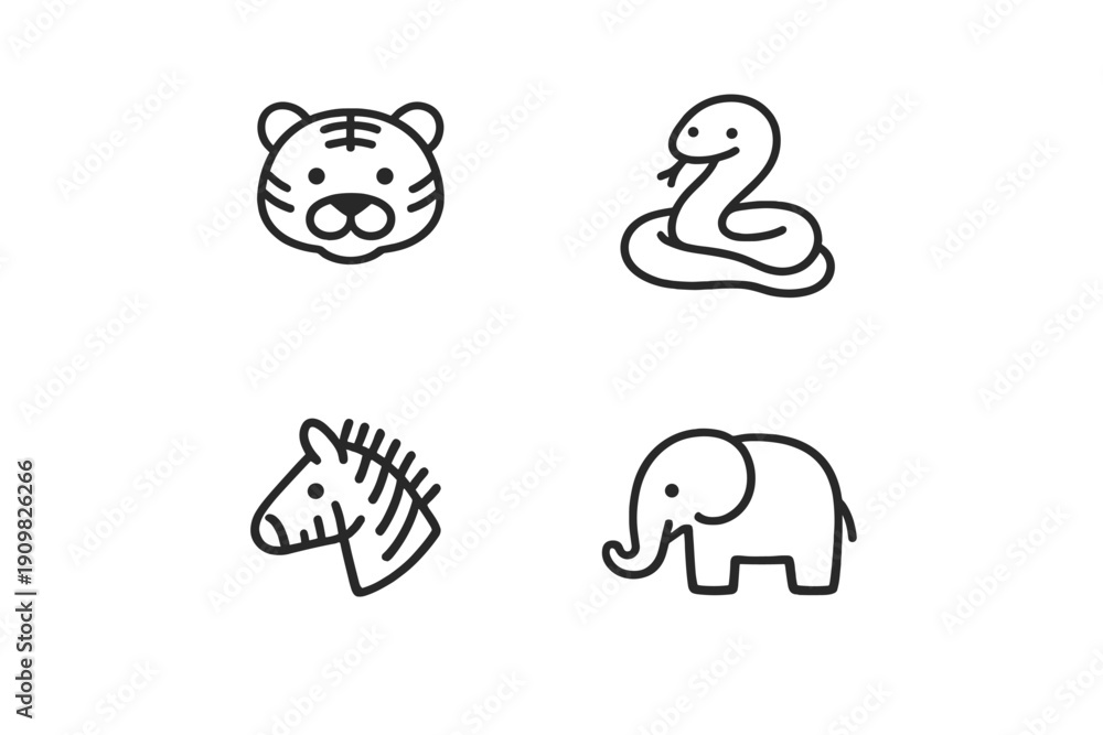 Obraz premium A collection of four minimalist line art icons featuring a tiger head, a coiled snake, a zebra head, and a full-body elephant, all presented in a simple black and white graphic style.