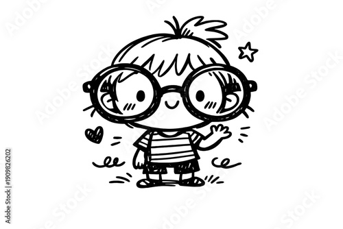 A minimalist black and white line drawing of a cute cartoon character with large hair wearing a striped shirt. The simple doodle includes decorative elements like a star and heart.