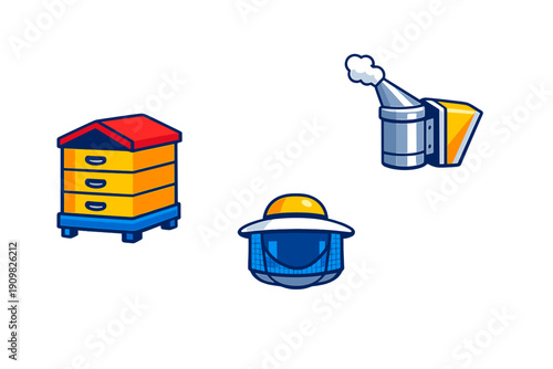 A set of three colorful beekeeping icons featuring a multi-level wooden beehive, a metal bee smoker with white smoke, and a protective beekeeper hat with a mesh veil on a black background.