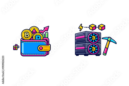 Vibrant flat icons of a blue wallet containing crypto coins and a server rack for mining bitcoin, accompanied by a pickaxe and rising market arrow on a dark background.