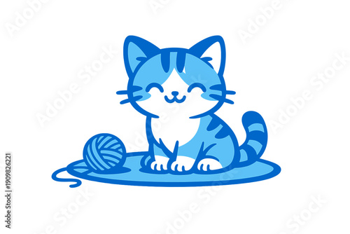 A blue and black cartoon cat sits on a blue rug next to a ball of yarn. The minimalist vector illustration features a smiling feline with stripes and whiskers on a black background.