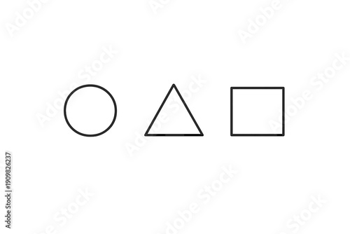 Three white geometric shapes, including a circle, a triangle, and a square, are arranged horizontally against a dark black background with vertical white noise and static effects.