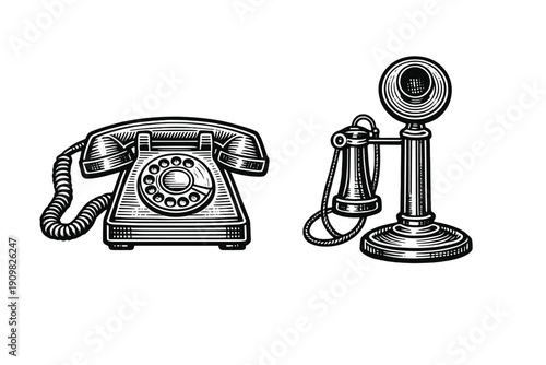 This monochrome engraving depicts two historical communication devices: a traditional rotary dial telephone and an old-fashioned candlestick phone against a black backdrop.
