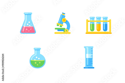A collection of colorful laboratory equipment icons including flasks, a microscope, test tubes in a rack, and a graduated cylinder, all set against a solid black background.