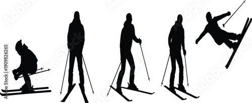 skiing silhouettes set, winter sports collection, skier action poses, black vector icons, isolated white background, outdoor recreation illustration pack