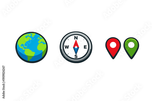 A collection of three navigation icons including a globe showing the Americas, a compass with a red and blue needle, and two map pins in red and green on a black background.