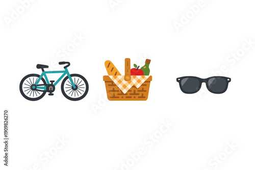 A flat illustration featuring a teal bicycle, a woven picnic basket filled with food and a bottle, and a pair of black sunglasses arranged horizontally on a black background.