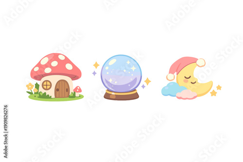 A collection of three whimsical cartoon icons featuring a mushroom house, a glowing crystal ball on a stand, and a sleeping crescent moon with a nightcap on clouds.