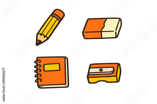 A collection of four hand-drawn school supplies including a pencil, eraser, spiral notebook, and sharpener, illustrated in orange and yellow tones against a solid black background.