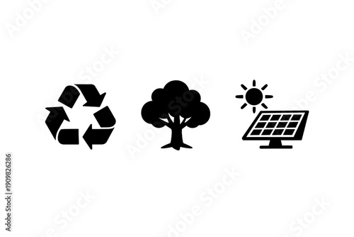 A minimalist black and white line art illustration featuring a solar panel under a sun next to a stylized house structure, representing renewable energy and sustainable living.