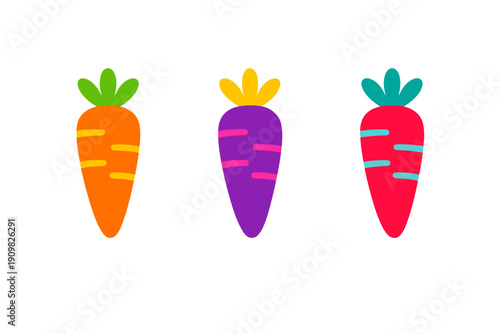 Three colorful stylized carrots are arranged horizontally against a solid black background. Each carrot features a unique color combination with vibrant tops and horizontal stripes.