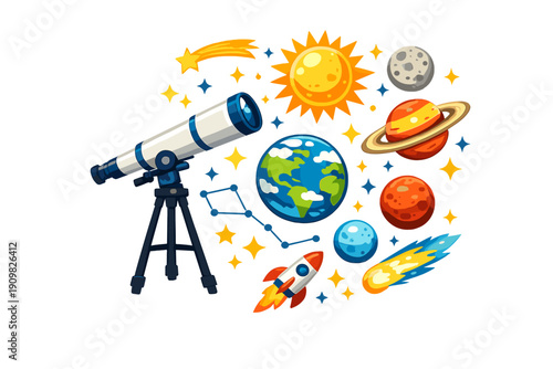 A colorful cartoon illustration featuring a telescope, Earth, Sun, planets, a rocket, and stars against a black background. It depicts various celestial bodies and space exploration tools.