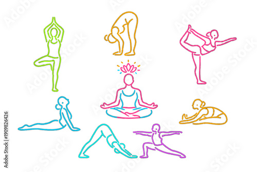Neon line art illustrations of diverse yoga poses set against a black background. The colorful glowing figures show positions like lotus, tree, downward dog, and warrior.