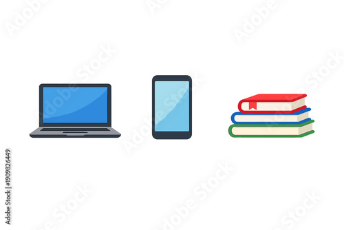 A flat illustration featuring a laptop, a smartphone, and a stack of three colorful books arranged horizontally against a solid black background. Represents modern learning and technology.