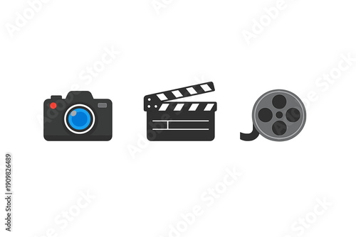 This illustration features three distinct icons for media production: a digital camera with a blue lens, a movie clapperboard, and a film reel, all set against a black backdrop.