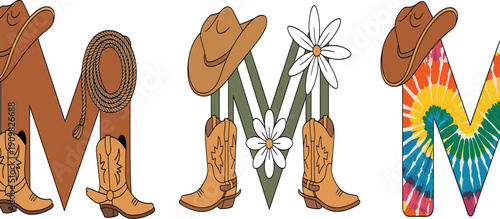 Western themed letter M illustration, cowboy hat boots rope daisies tie dye typography decorative country vector design set