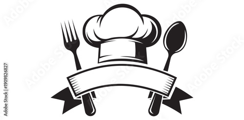 Elegant chef hat with crossed fork and spoon culinary kitchen logo graphic Empty banner for custom text Restaurant food