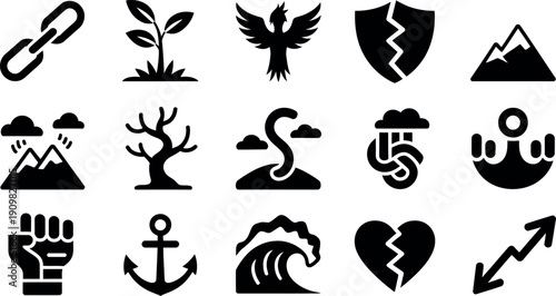 Collection of diverse symbolic icons representing growth resilience nature challenges and change