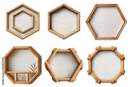 Wallpaper Mural Set of six rustic wooden hexagon and octagon signboard templates with canvas backgrounds, featuring bamboo textures, rope details, and minimalist design for creative mockups Torontodigital.ca
