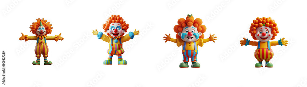 Fototapeta premium Happy Cartoon Clowns with Big Smiles and Colorful Outfits isolated on transparent background