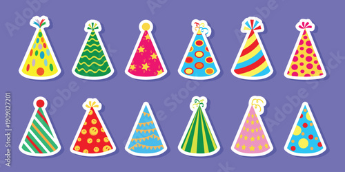 Festive party hat sticker collection for notebooks. Printable vector hats suitable for birthday, carnival, anniversary and celebration decoration