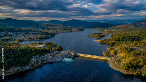 AI generator images of The dam, a large hydroelectric power project, is situated amidst mountains and offers stunning scenery.
