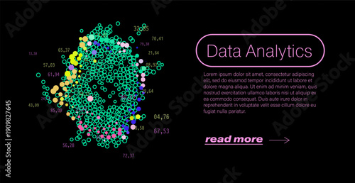 Vibrant vector illustration of scattered multicolored dots forming a blob-like shape with numerical labels on black background. Conceptual vector illustration for data analytics, statistics.