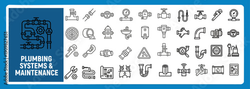 Plumbing Systems and Maintenance Outline Icon Set