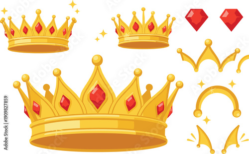 Golden Royal Crown Vector Set Featuring Jeweled Tiaras with Red Rubies, Sparkling Stars, and Individual Diamond Elements for Luxury Branding and Gaming Reward Design