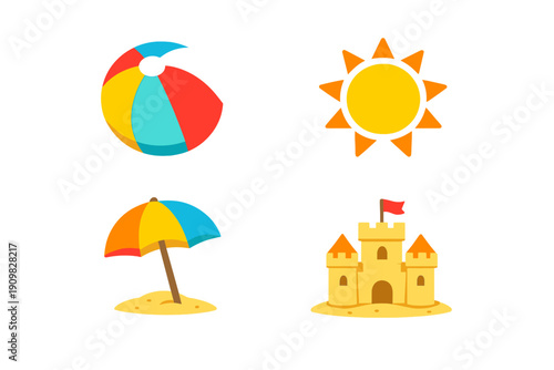 A collection of four beach-themed icons including a colorful beach ball, a bright sun, a striped umbrella in the sand, and a detailed sandcastle with a red flag on a black background.