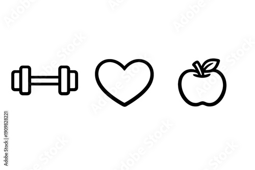 A minimalist black and white illustration featuring three line icons representing a healthy lifestyle: a dumbbell for fitness, a heart for health, and an apple for nutrition.