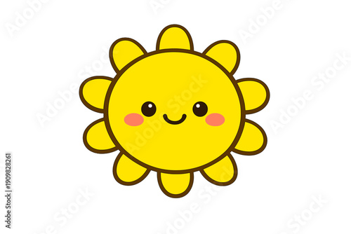 A cute yellow cartoon sun with a smiling face and pink cheeks is centered on a solid black background. The sun has rounded rays and a friendly expression in a kawaii style illustration.