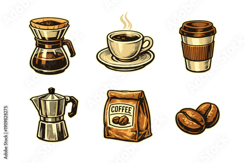 A collection of six vintage-style coffee illustrations including a moka pot, pour-over carafe, steaming cup, paper cup, coffee bag, and roasted beans on a black background.