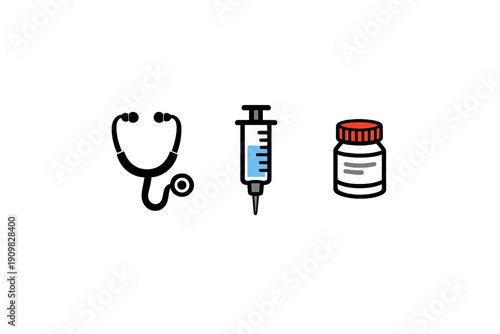 A minimalist illustration featuring three medical icons: a stethoscope, a syringe filled with blue liquid, and a medicine bottle with a red cap, all set against a solid black background.