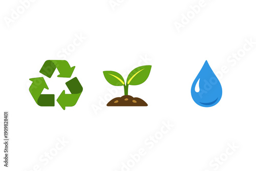 A green recycling symbol, a small plant growing from soil, and a blue water drop are arranged in a row on a black background, representing environmental conservation and nature.