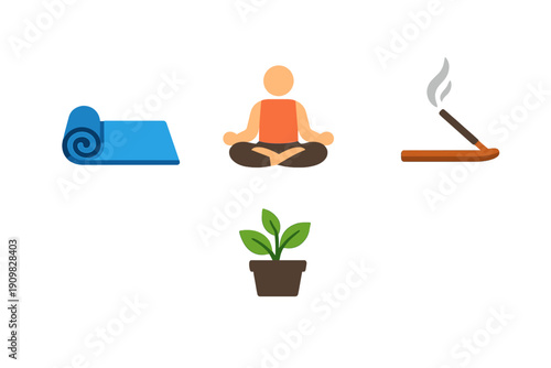 A collection of four flat vector icons representing wellness and meditation, including a blue yoga mat, a person in a lotus pose, a burning incense stick, and a green potted plant.