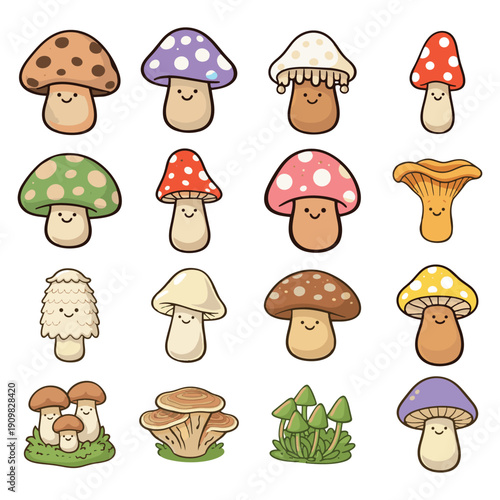 A collection of cute cartoon mushrooms with smiling faces is displayed in a grid layout, featuring various colorful caps and whimsical forest styles.